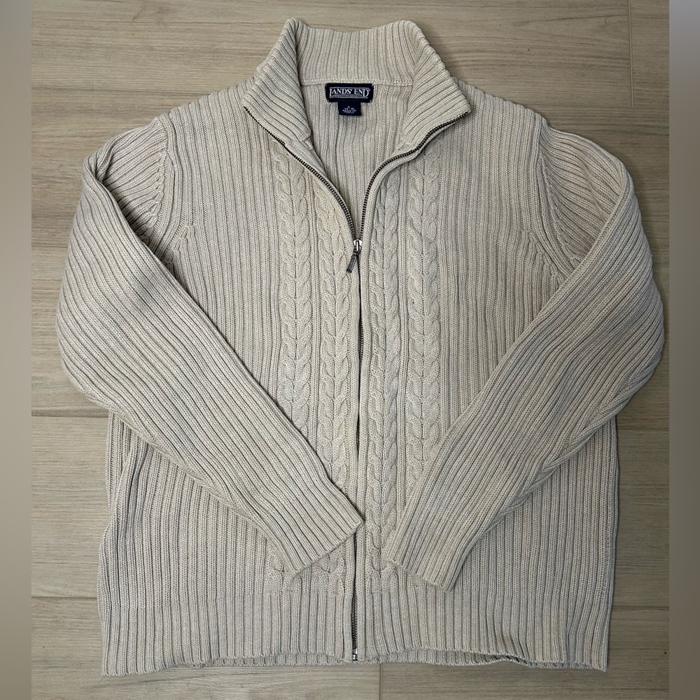 Lands’ End Cream Full Zip Cable Knit Cardigan